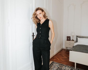 Linen Suit Set Women, Waistcoat and Trousers Set, French Linen Two Piece Suit, Handmade Romania, Sustainable Fashion, Black Linen Suit