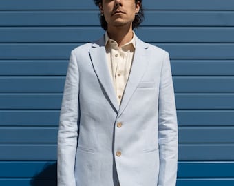 Sky Blue 100% Linen Suit Jacket, Sustainable Vegan Jacket, Beach Wedding Men's Suit, Natural Fibers Groom's Jacket, Casual Linen Suit Jacket