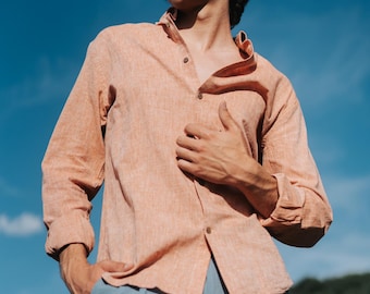 Men’s Coral Linen Shirt, From XXS to 7XL, Long Sleeve Oxford Collar Tailored Shirt, Classic Spring Summer Button-Down, Slim & Regular Fit