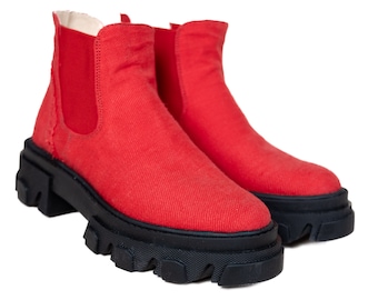 HEMP CHELSEA Boots - Comfortable Boots, Natural, Handmade Shoes, Leather Lining, Made in Europe, Red