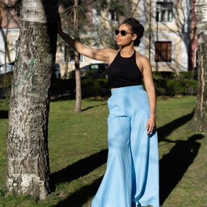 The Palazzo Cotton Trousers, Casual Women Pants, Spring Summer Outfit, Comfortable Trousers, European Sustainable Fashion, Light Blue image 4