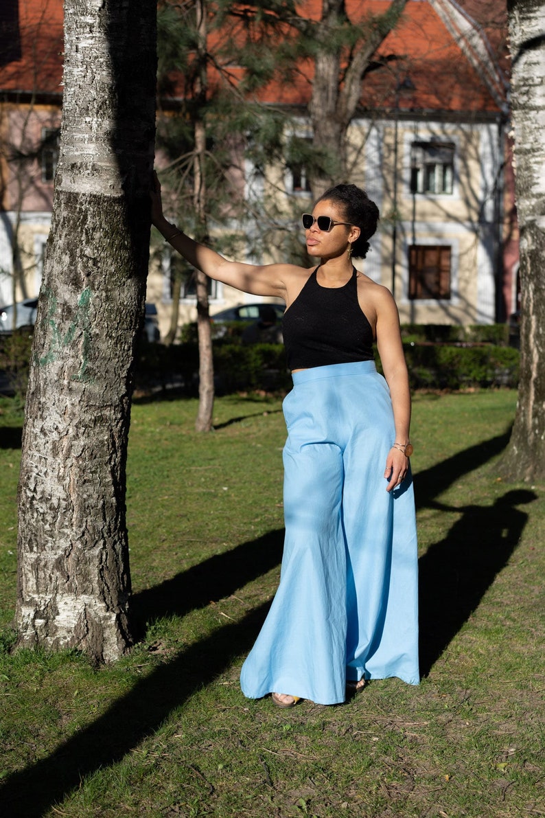 The Palazzo Cotton Trousers, Casual Women Pants, Spring Summer Outfit, Comfortable Trousers, European Sustainable Fashion, Light Blue image 4