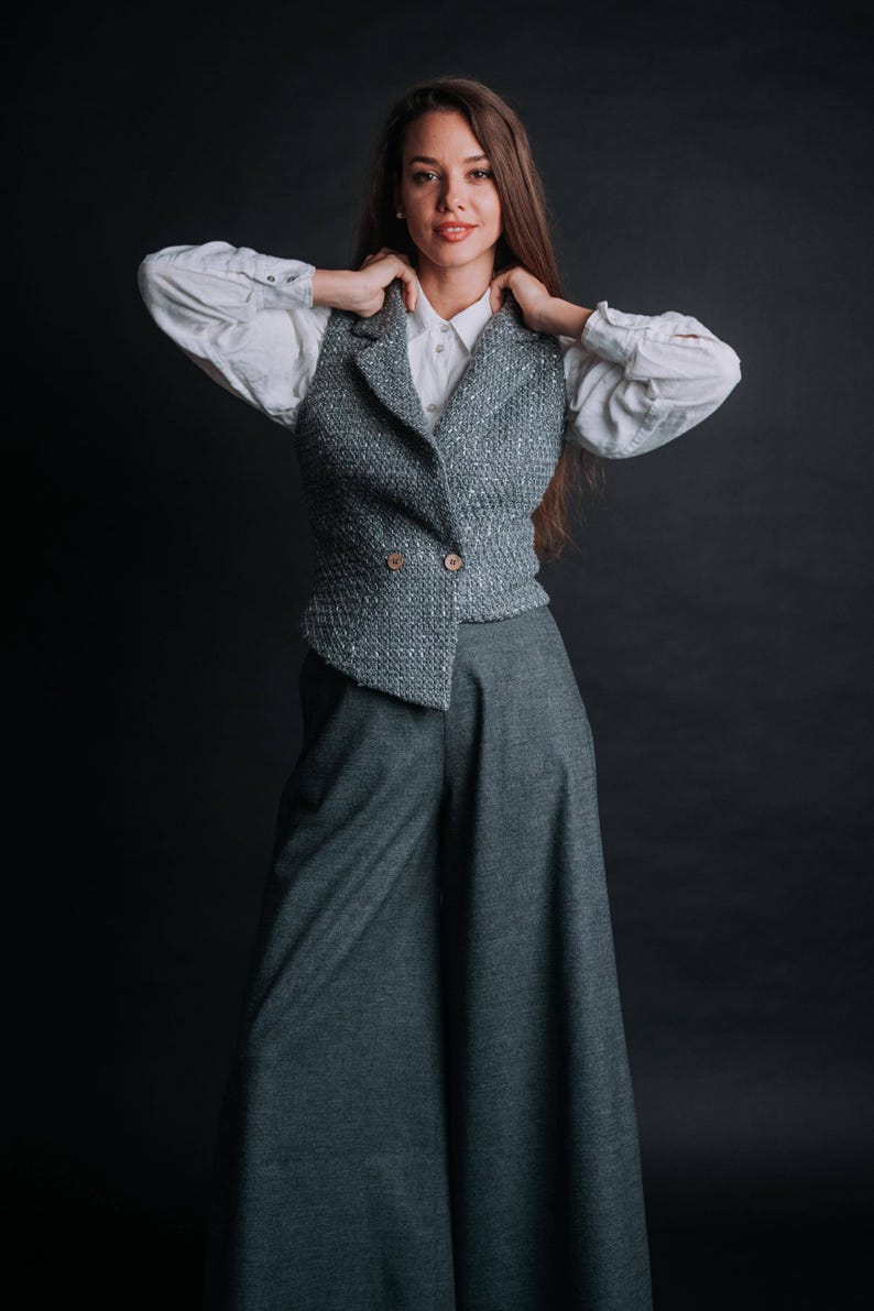 Chaleco de lana de tweed gris hecho a mano - Chaleco cruzado europeo imagen 2
