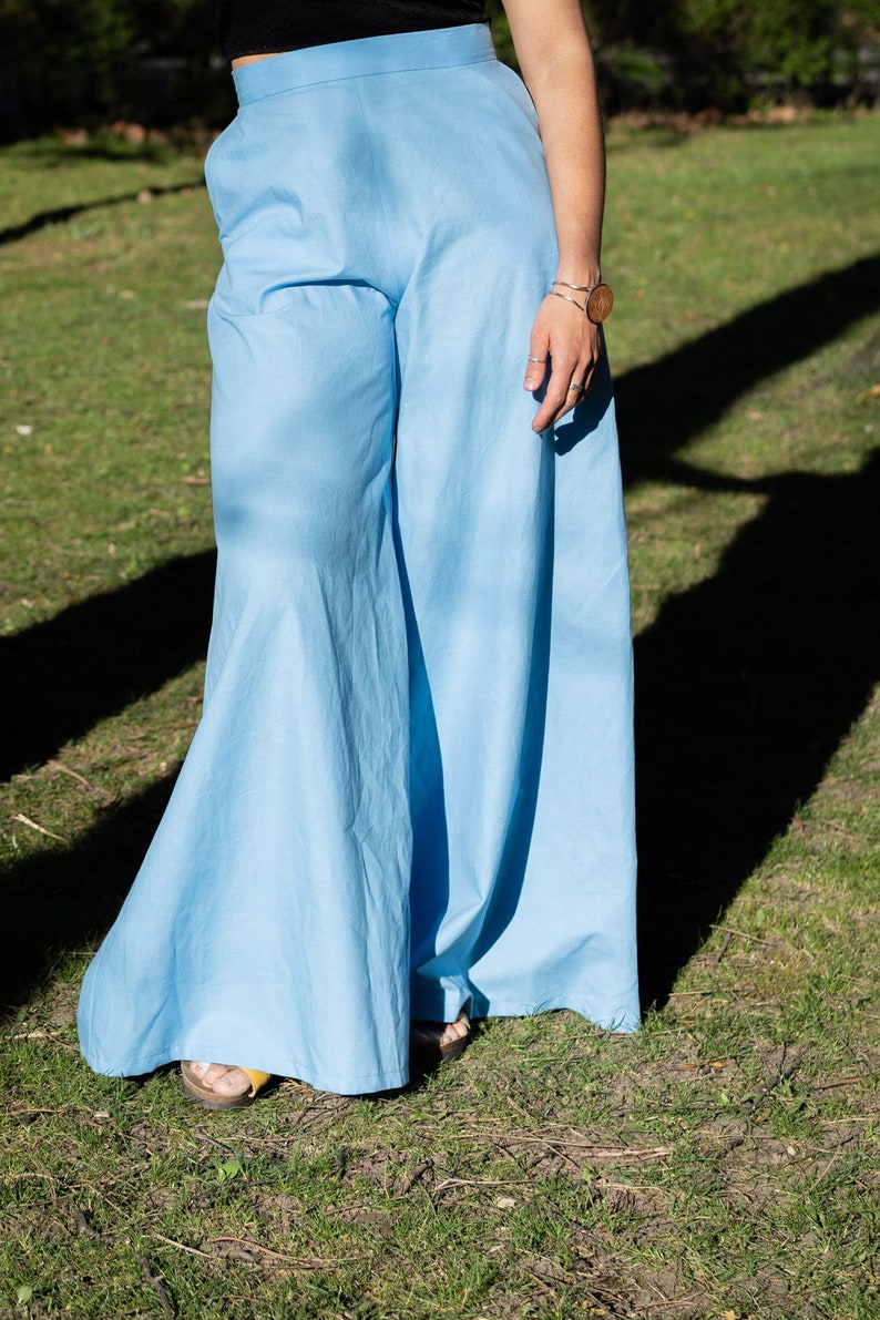 The Palazzo Cotton Trousers, Casual Women Pants, Spring Summer Outfit, Comfortable Trousers, European Sustainable Fashion, Light Blue image 2