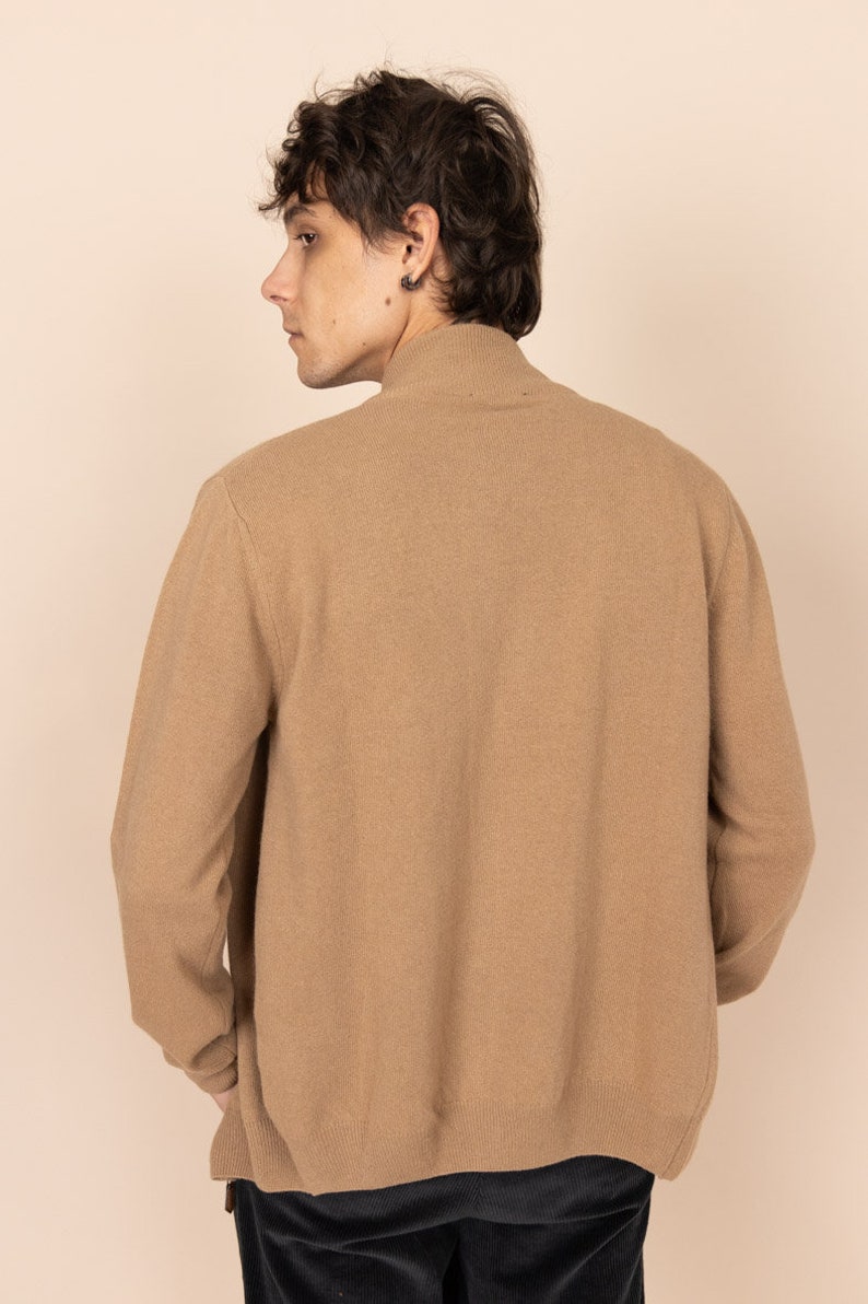 Men's Wool Cardigan Beige, Full-Zip Knitted Pullover, Italian Wool-blend, Mock-Neck collar, Made in Europe, Italian Yarn, Soft image 4