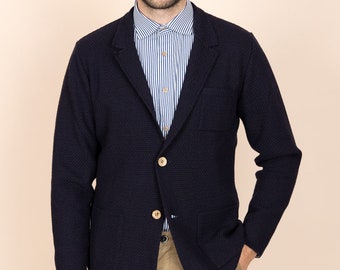 Men's Knitted Suit Jacket - Long Blue Knitted Cardigan, Single-Breasted, Notched Lapel, Italian Wool-blend, Elegant Sweater, Made in Europe
