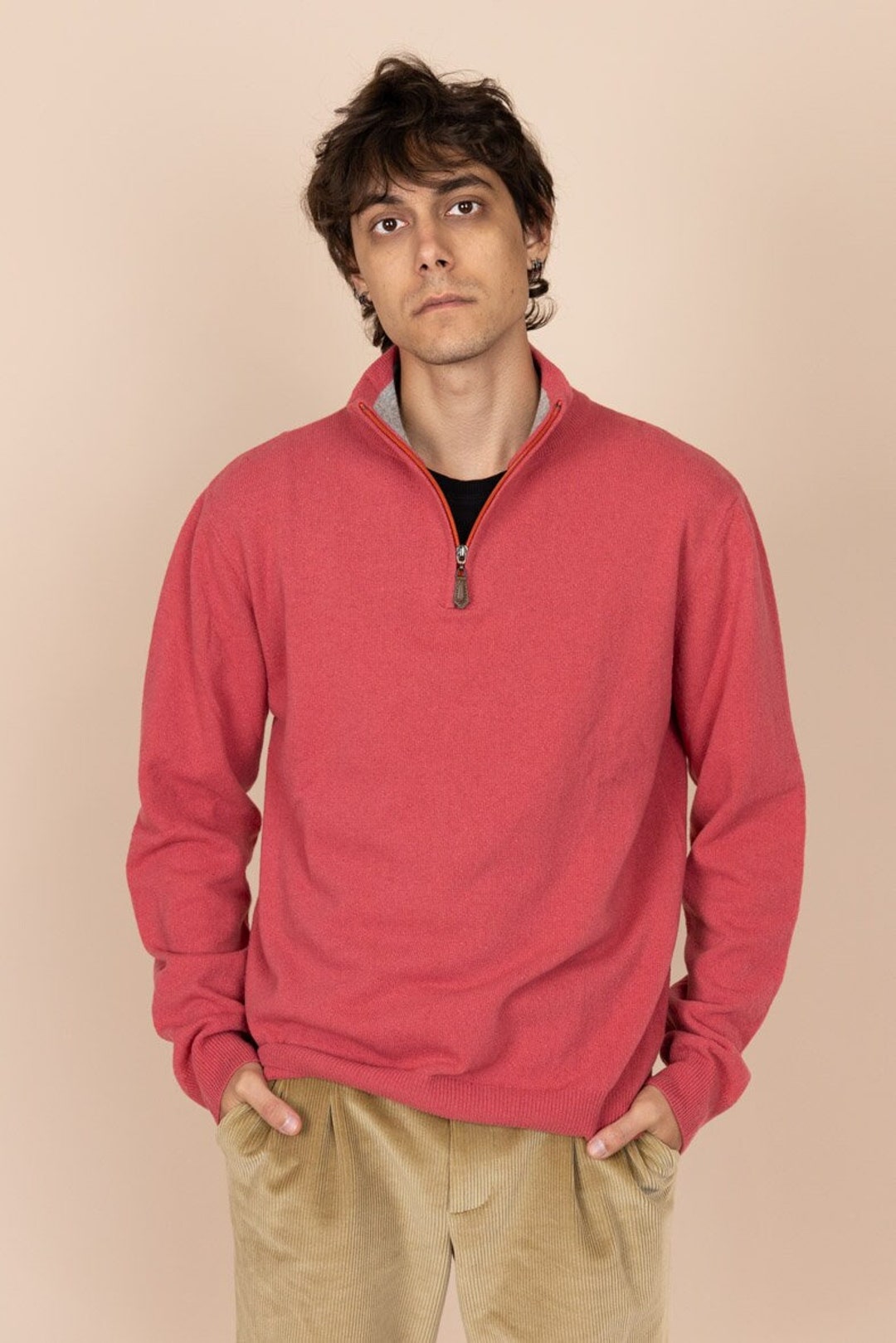 Men's Wool Sweater Raspberry, Half-zip Knitted Pullover, Mock-neck Collar,  Made in Europe, Timeless Design - Etsy