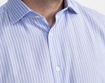 Men's Sky Blue Striped Dress Shirt, XXS to 7XL, White Stripes, Button Up Tailored Egyptian Cotton, Preppy Smart Office, Slim & Regular Fit