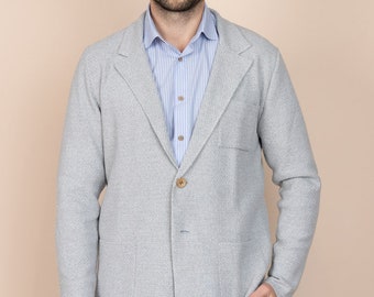 Men's Knitted Suit Jacket - Light Grey Knitted Cardigan, Single-Breasted, Notched Lapel, Italian Wool-blend, Elegant Sweater, Made in Europe