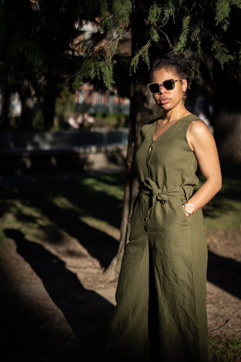 The Zagra 100% European Linen Romper, Casual Women Spring Outfit, Vegan, Sustainable Fashion, Stylish Full Body Jumpsuit, Khaki Green image 1