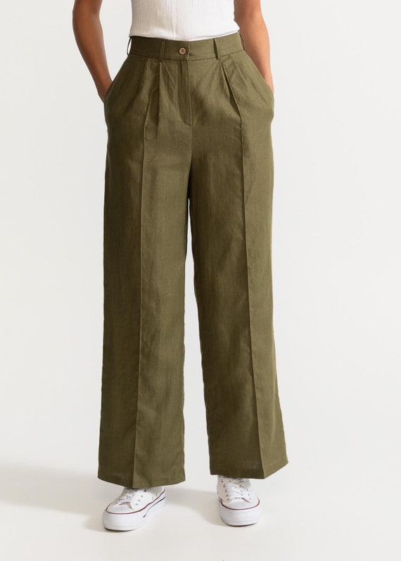 The figa Linen Pants Straight Leg Women Suit Trousers Autumn Formal Outfit Sustainable Business Fashion Khaki and Azure Etsy Canada