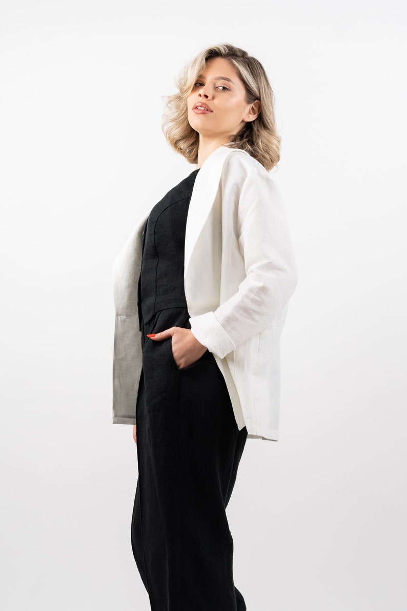 The Ilva 100% Hemp Suit Jacket with Shawl Lapel. Elegant Women's Jacket, Vegan, Sustainable Fashion, Stylish White Jacket, Custom Made image 2