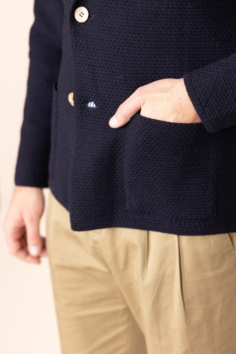 Chaqueta de traje de punto para hombre Cárdigan largo de punto azul,  botonadura simple, solapa con muesca, mezcla de lana italiana, suéter  elegante, hecho en Europa -  España