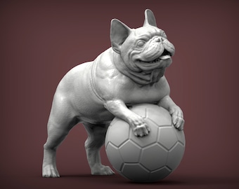 May include: A white French bulldog figurine playing with a white soccer ball. The figurine is standing on all four paws and has its front paws on the ball.