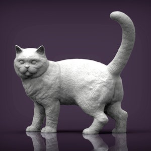 May include: A white, ceramic sculpture of a cat with a short, fluffy tail. The cat is standing with its head tilted slightly to the side, and its eyes are closed.