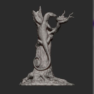Peut inclure: Une sculpture grise monochrome rendue en 3D représentant un lézard grimpant sur un tronc d'arbre texturé. Le lézard est positionné verticalement, atteignant un petit nid contenant plusieurs œufs ronds dans les branches de l'arbre.