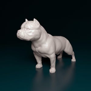 Könnte beinhalten: Weiße American Bully Hundefigur, die auf einer dunkelblauen Oberfläche steht. Der Hund ist in einer Pose mit dem Kopf zur Seite gedreht und dem Vorderbein angehoben.