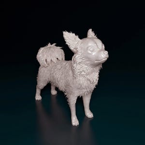 3D Printed Long-Haired Chihuahua Figurine – Handmade Fluffy Toy Dog Sculpture, Tiny Companion Breed Decor