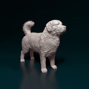 Könnte beinhalten: Eine weiße, flauschige Hundefigur mit einem buschigen Schwanz. Der Hund steht auf einer dunkelblauen Oberfläche und schaut nach rechts.