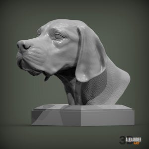 May include: A gray 3D-printed bust of a dog, likely a Pointer or similar breed, with detailed facial features and floppy ears. The sculpture is mounted on a rectangular base. The artist's logo, "3D ALEXANDER ART," is visible in the bottom right corner.