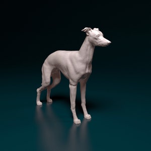 May include: A white ceramic figurine of a greyhound dog standing on a dark blue surface.