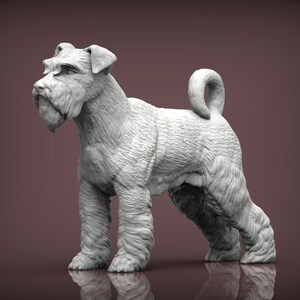 May include: A white, 3D printed miniature sculpture of a Schnauzer dog standing with its tail curled. The dog is facing to the left and has a textured, furry appearance.