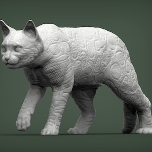 Pode incluir: Um modelo 3D impresso em branco e detalhado de um lince caminhando. O modelo está em pose com a cabeça virada para a esquerda e a pata direita levantada.