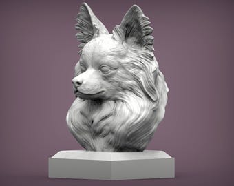 3D Printed Papillon Bust – Dog Head Sculpture, Home Decor, Pet Memorial Gift, Butterfly-Eared Toy Breed Display