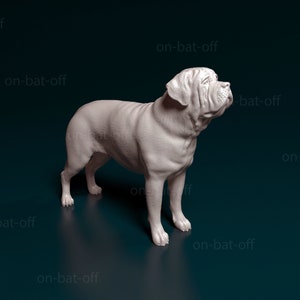 May include: A white 3D printed model of a dog, possibly a bulldog, standing on a dark blue surface. The dog is facing to the right and looking up.