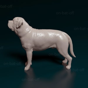 May include: A white, 3D printed model of a dog, possibly a bulldog, standing on a dark blue surface. The model is detailed and realistic, with visible fur and wrinkles.