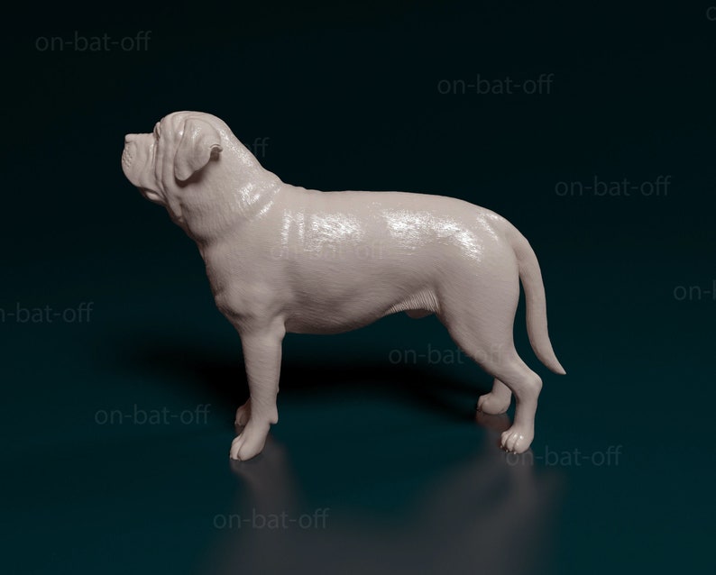 May include: A white, 3D printed model of a dog, possibly a bulldog, standing on a dark blue surface. The model is detailed and realistic, with visible fur and wrinkles.