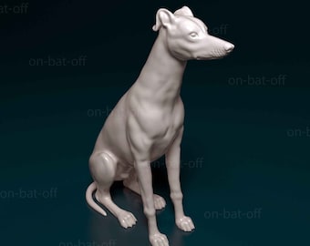 May include: A white ceramic sculpture of a dog sitting with its head turned to the side. The dog is in a seated position with its legs tucked underneath it.