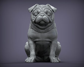 Pug 3D Printed Dog Sitting Statue for Pet Memorial or Shelf Display