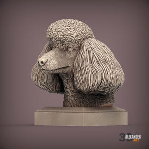 May include: A detailed sculpture of a poodle's head and shoulders, in a neutral beige color. The poodle's fur is textured, and the sculpture is mounted on a rectangular base. The sculpture is a decorative item.