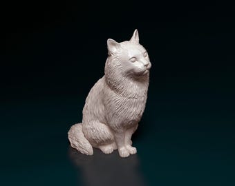 Fluffy Cat Sitting 3D Printed Figurine for Pet Memorial or Shelf Display