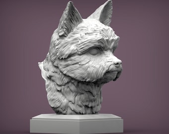 Yorkshire Terrier Bust 3D Printed Dog Sculpture for Shelf Display or Pet Memorial