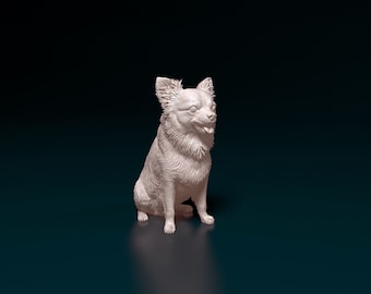 Figura de chihuahua de pelo largo, estatua de perro esponjoso impresa en 3D, regalo para amantes de los chihuahuas