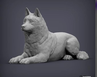 Alert Lying Husky Figurine | 3D Printed Siberian Husky Sculpture | Dog Lover Gift
