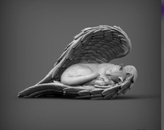Sleeping Cat in Angel Wings | 3D Printed Pet Memorial Sculpture | Cat Lover Gift