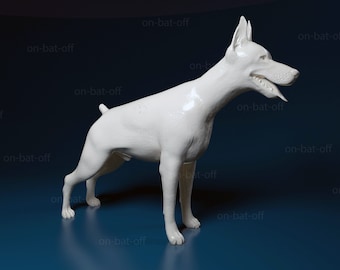 May include: A white ceramic figurine of a dog standing on a blue surface. The dog is in a playful pose with its tongue sticking out.