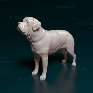 May include: A white, 3D printed figurine of a dog standing on a dark blue surface. The dog is facing to the left and has a short, smooth coat.