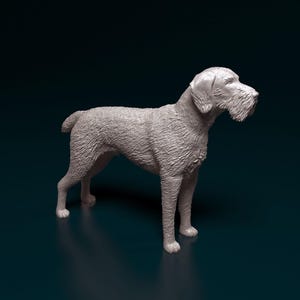 May include: A white, 3D printed figurine of a German Wirehaired Pointer dog standing on a dark blue surface.