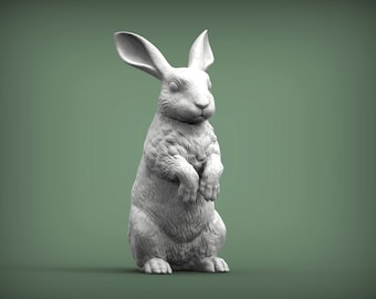 May include: A white rabbit figurine standing on its hind legs with its front paws crossed. The rabbit has a fluffy tail and a realistic appearance.