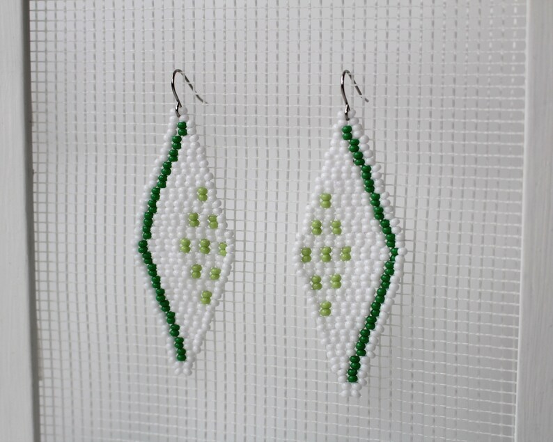 gift for sister long drop minimalist earrings White rhombus earrings geometric shaped seed bead earrings