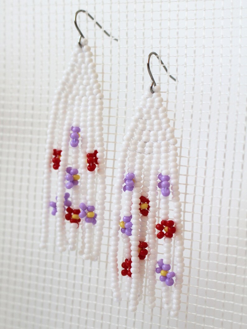 White beaded daisy chain earrings seed bead flower fringe Etsy