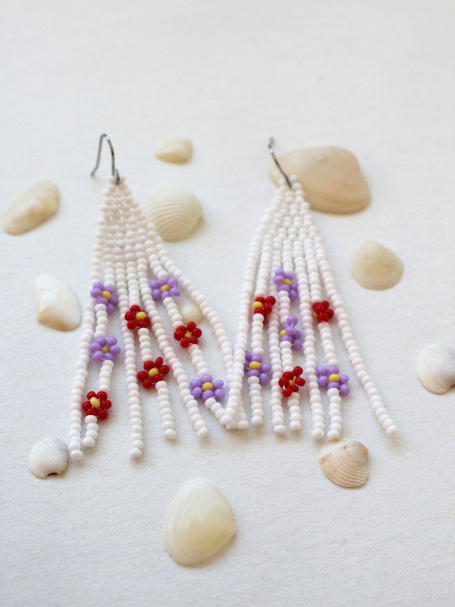 White beaded daisy chain earrings seed bead flower fringe Etsy