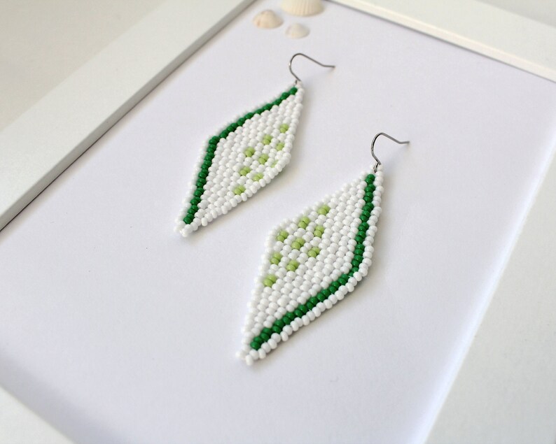 gift for sister long drop minimalist earrings White rhombus earrings geometric shaped seed bead earrings