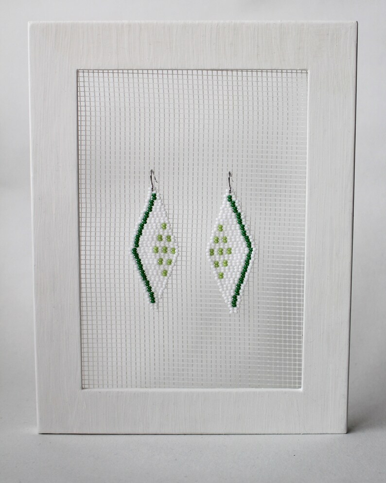 gift for sister long drop minimalist earrings White rhombus earrings geometric shaped seed bead earrings