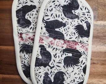 Black Rooster Pinch Potholders, Fingertip Potholders, Pocket Pot Pinchers