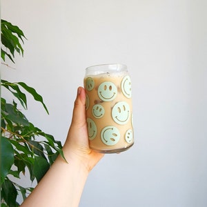 Iced Coffee Cup | Smiley Glass Cup | sage green